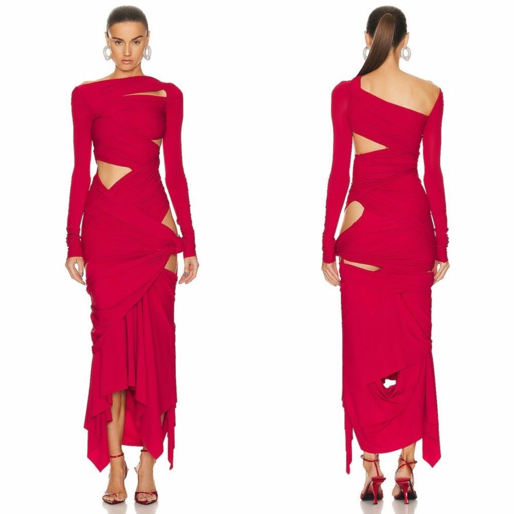 The Attico Cut Out Asymmetrical Long Sleeve Midi Dress Vibrant Red Size 46 (US 1